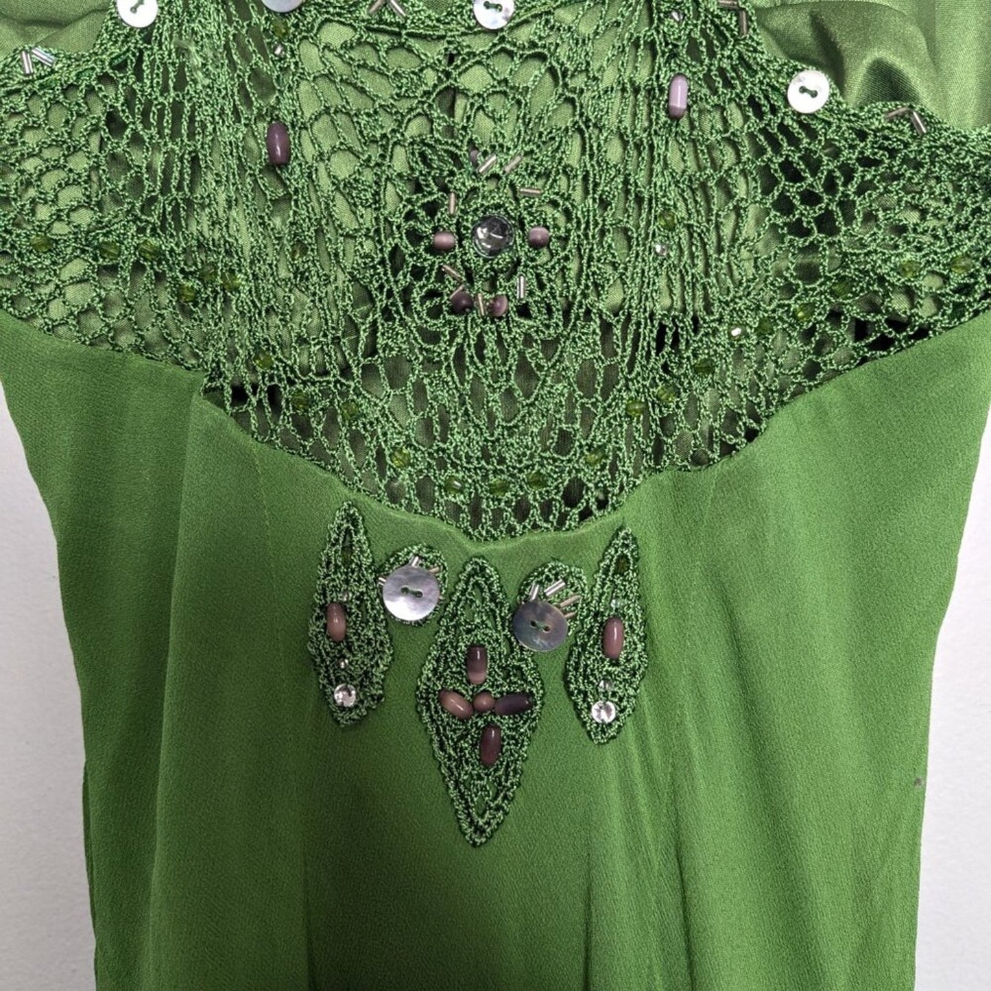 Sue Wong Vintage Green Silk Midi Dress Y2K Crochet Fringe Beaded Sleeveless 6