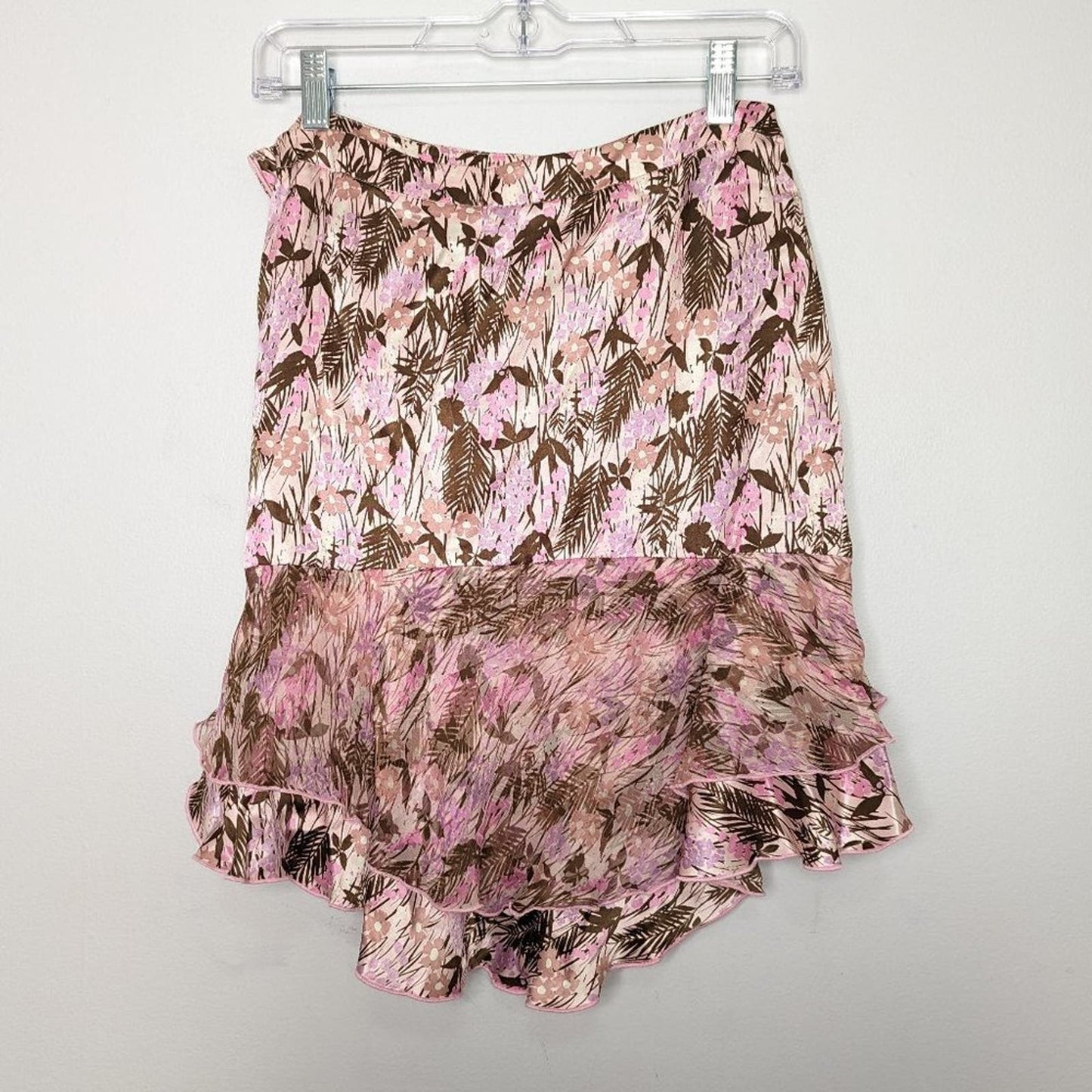 Fray Pink Palm Leaf Print Silk Layered Mini Skirt Side Zip Size 4