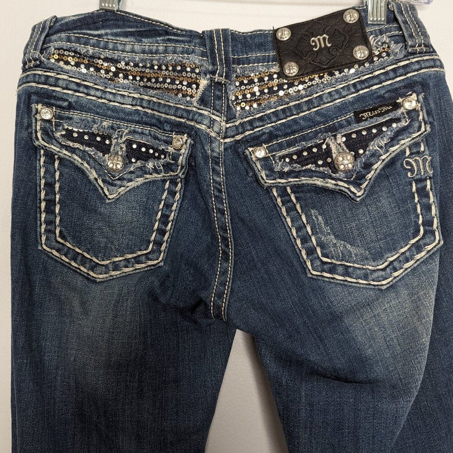 Miss Me Blue Sequin Low Rise Easy Boot Cut Jeans Button Pocket Jeweled 27