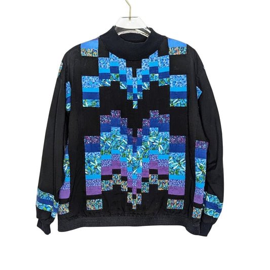 Vintage Black Blue Pixel Style Quilted Long Sleeve Top Dragonfly Abstract Print