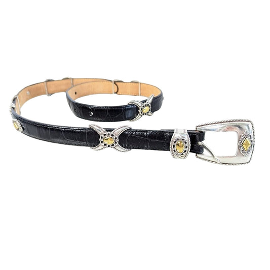 Brighton Black Leather Embossed Belt Silver and Gold Tone Hardware Adjustable