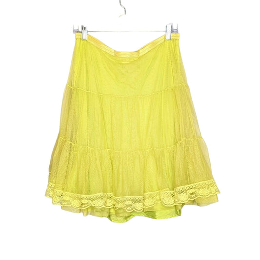 Vintage Free People Bright Yellow Green Tiered Skirt Lace Trim Layered Size L