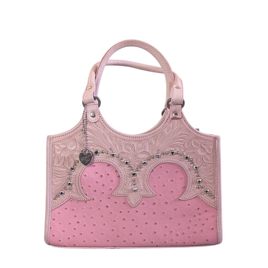 American West Y2K Pink Pastel Tooled Leather Satchel Bag Studded Rhinestones NWT