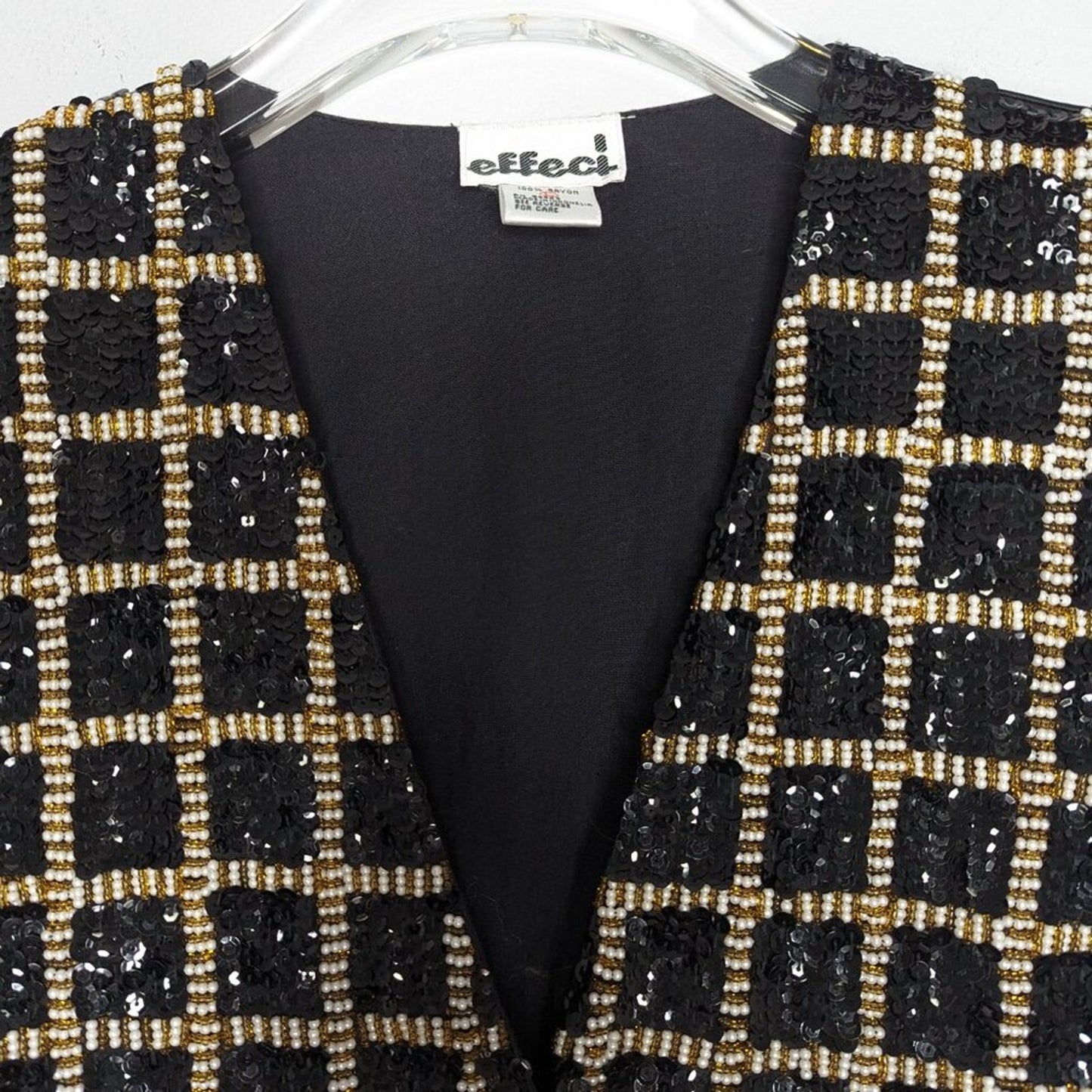 Effeci Vintage Black Gold Sequin Vest Square Pattern Pearls Beaded V-Neck Size L