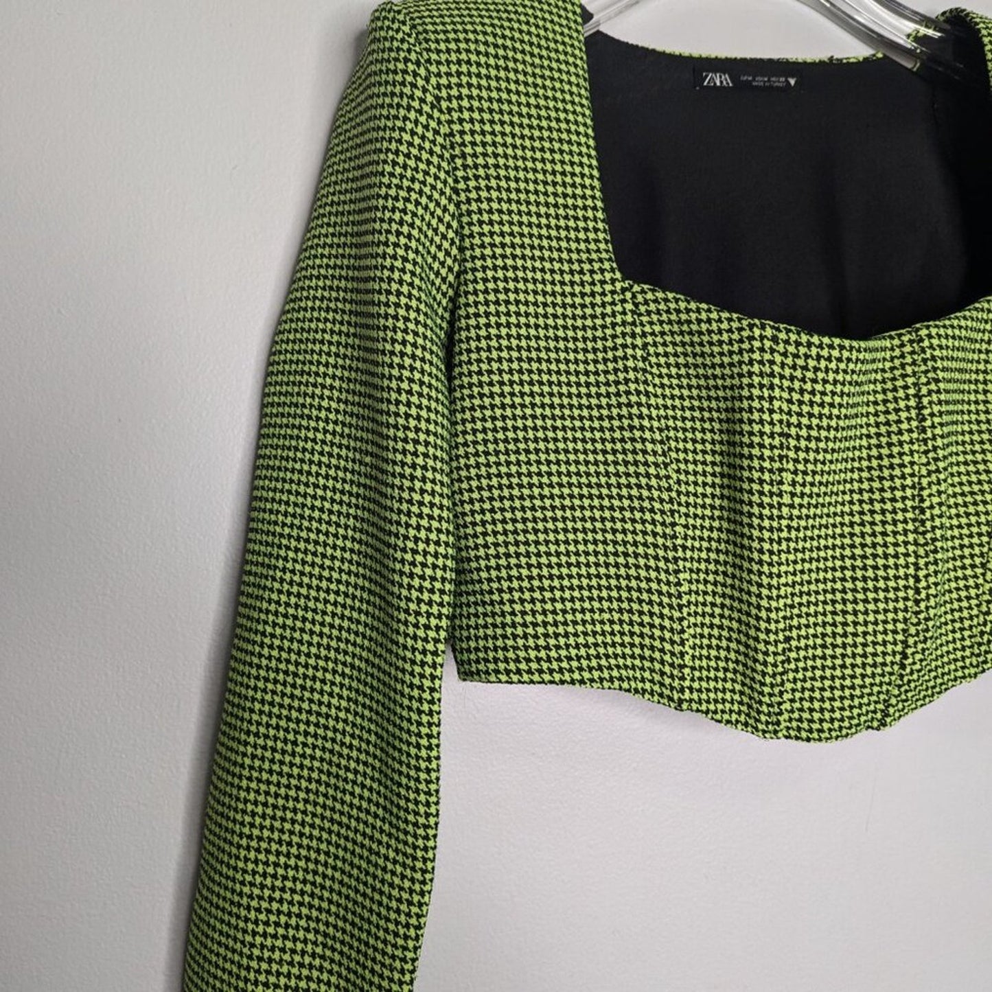 Zara Lime Green Black Mini Houndstooth Crop Top Long Sleeve Square Neck Size M