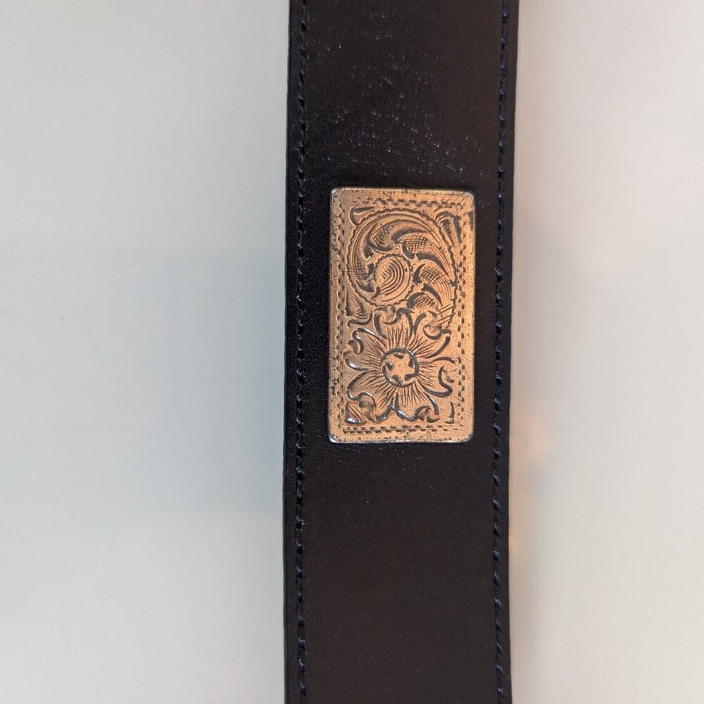 Olga Santini Vintage Black Leather Belt Silver Floral Embossed Square Studs