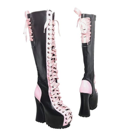 Dolls Kill Current Mood Black Pink Made For Walking Lace Up Platform Chunky Boot