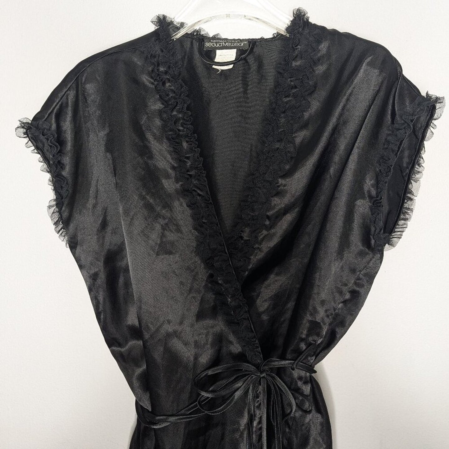 Cinema Etoile Seductive Wear Vintage Black Mini Robe Ruffle Trim Pom Pom Tie