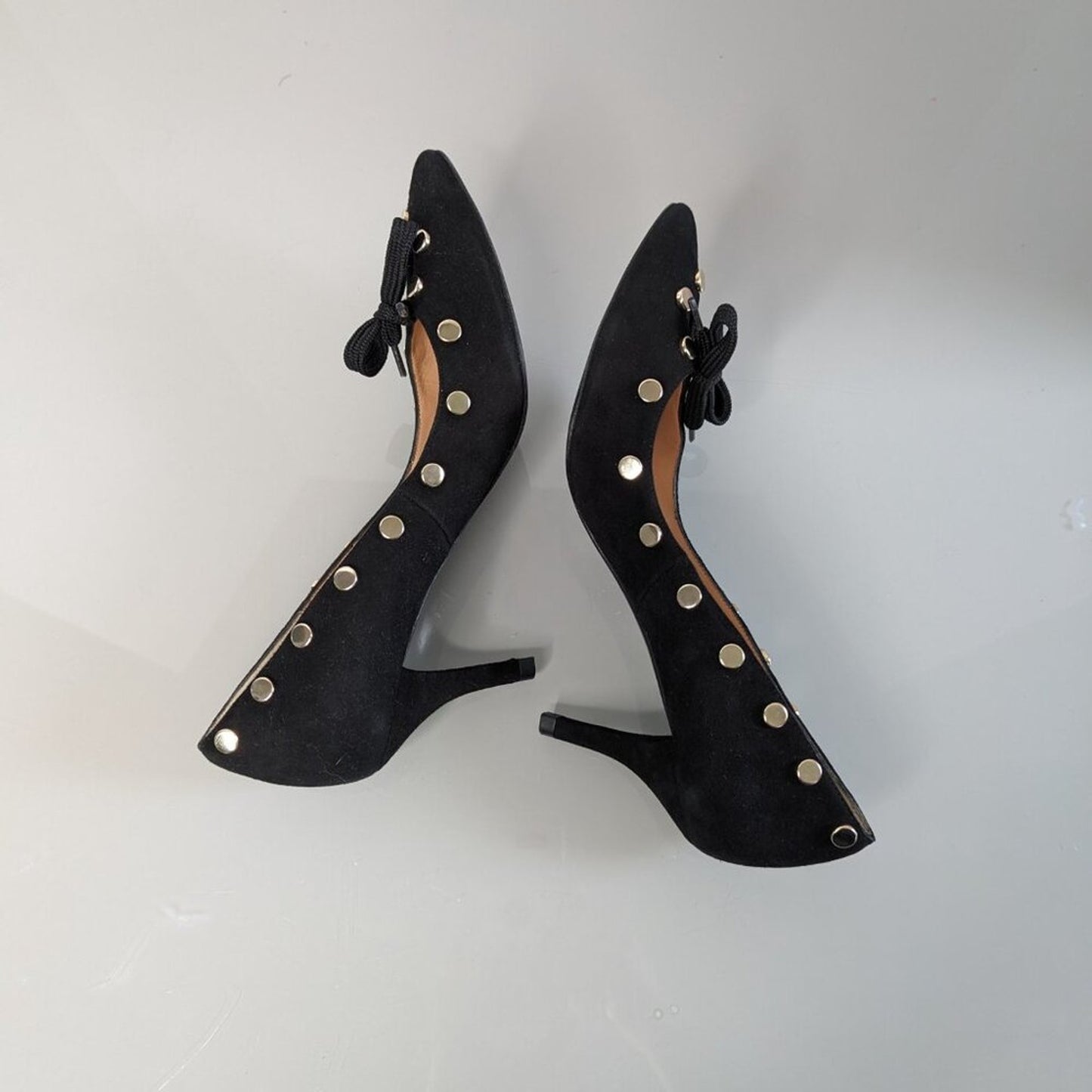 Anthropologie Hoss Intropia Black Pointed Toe Heels Gold Studs Cut Out Bows 37