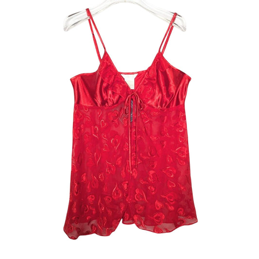 Vintage Y2K Red Satin Heart Pattern Semi Sheer Cami Top Sleeveless Bow Size L