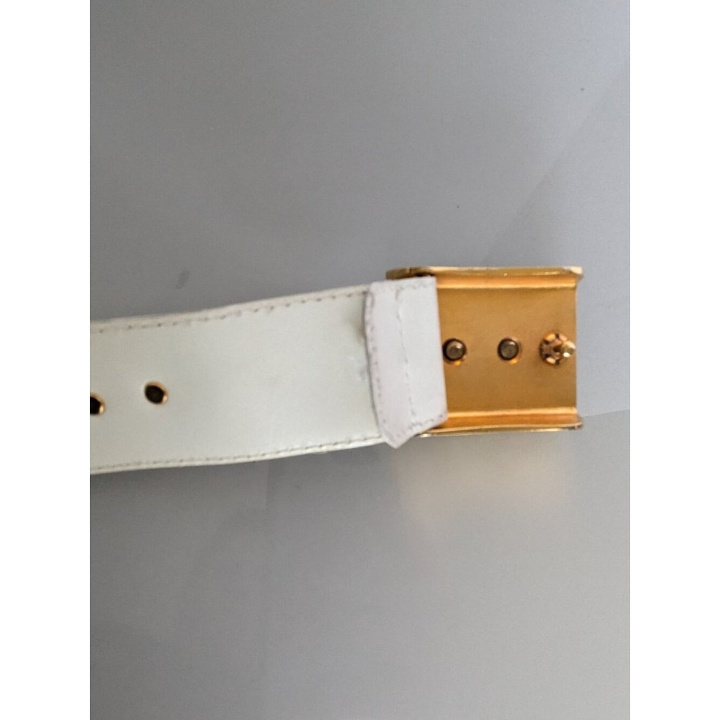 Escada Vintage White Leather Belt Gold Tone Bow Studs Bow Belt Buckle