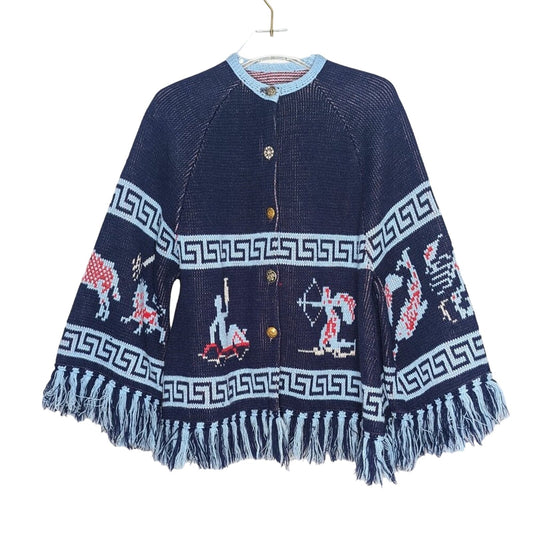 Vintage1970s Blue Signs Of The Zodiac Greek Key Fringe Knit Cardigan Long Sleeve