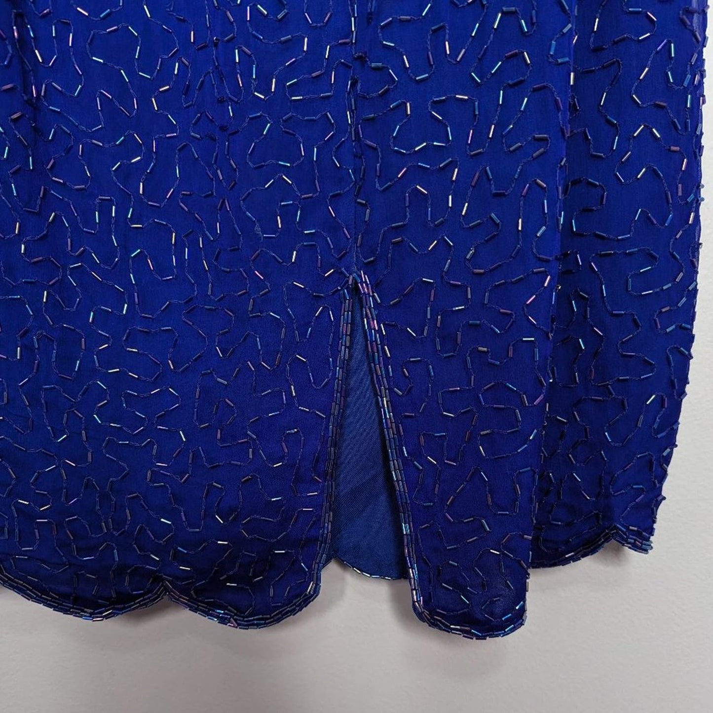 Vintage Stenay Blue Beaded Midi Silk Skirt Scalloped Edge Back Slit Size 8