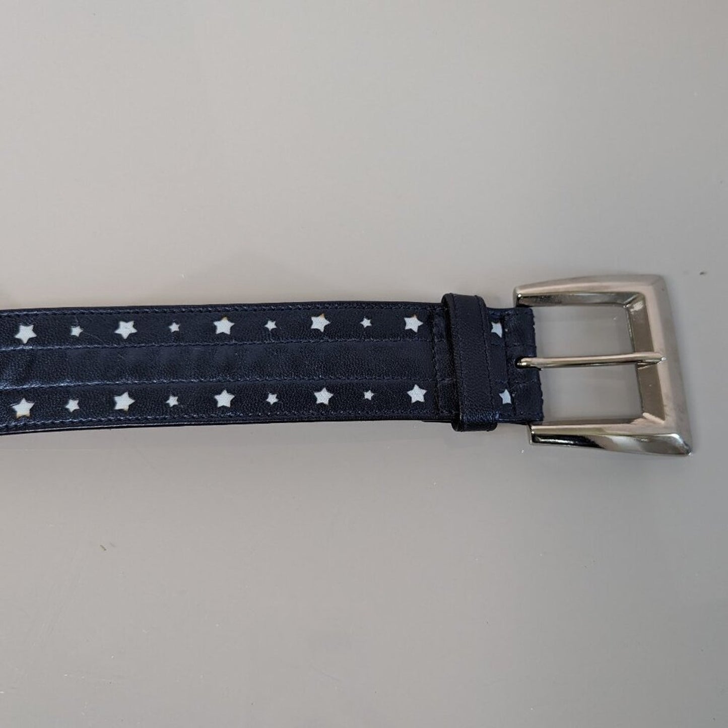 Escada Vintage Navy Blue Leather Belt White Star Pattern Silver Buckle Signed 40