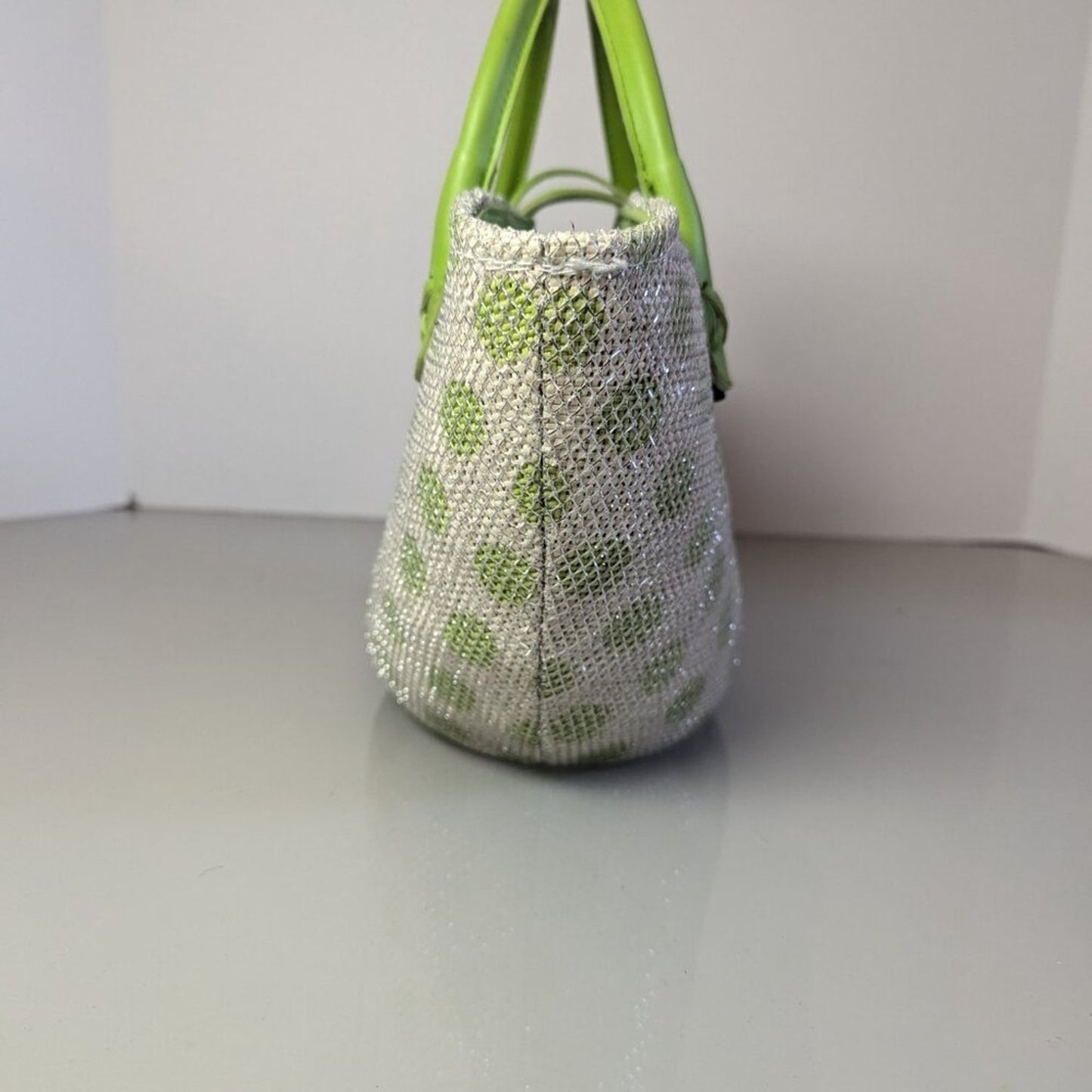 Acorn Green Polka Dot Double Handle Bag Silver Mesh Overlay Button Detail