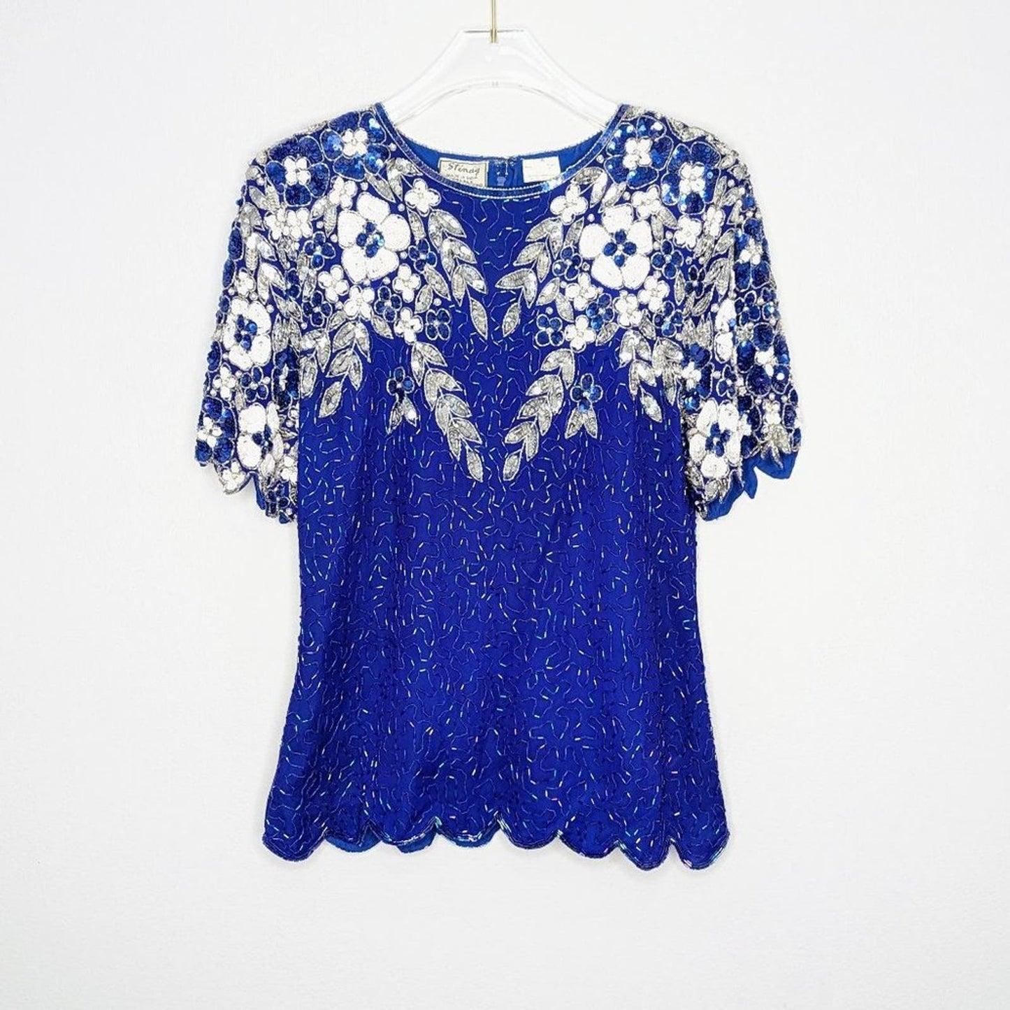 Vintage Stenay Blue Short Sleeve Sequin Beaded Top Floral Silk Back Zip Size 8