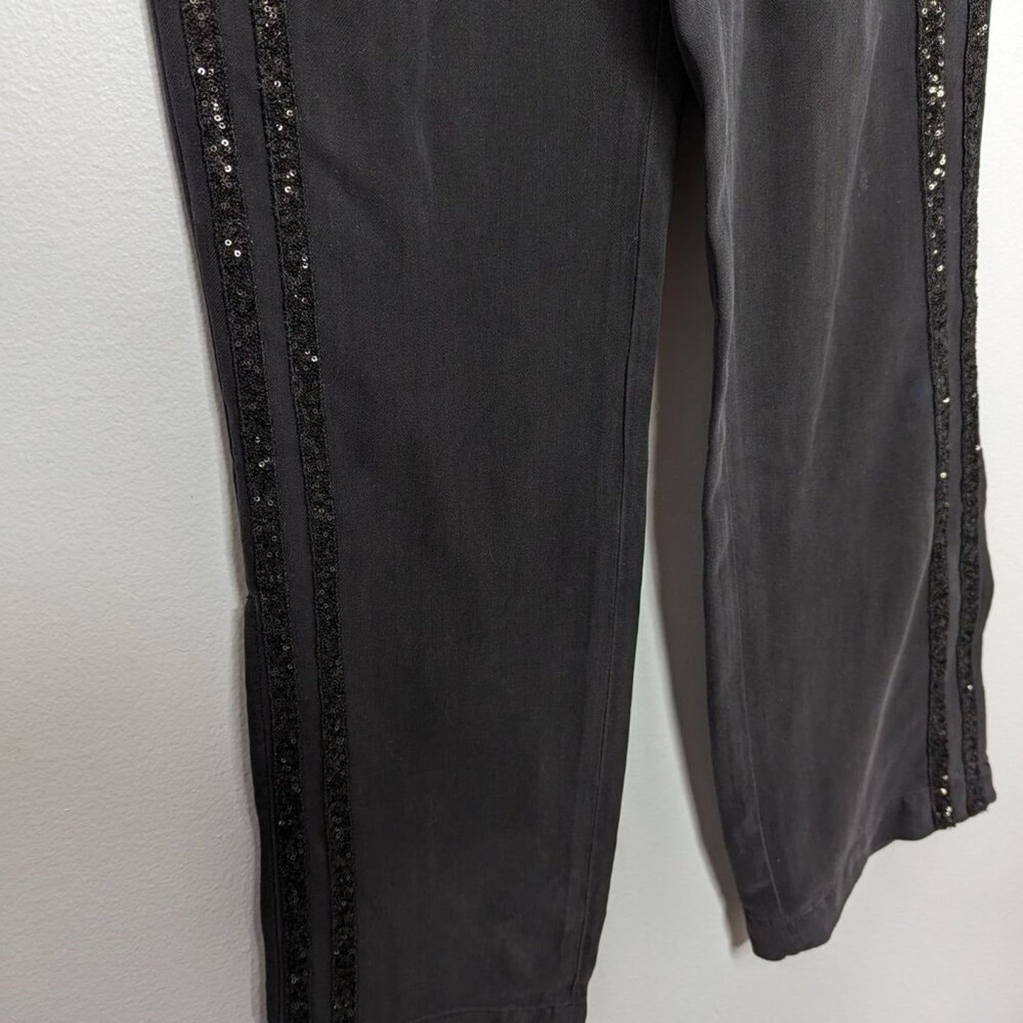 Da-Nang Black Relaxed Fit Silk Pants Sequin Trim Drawstring Waist Split Hem XS