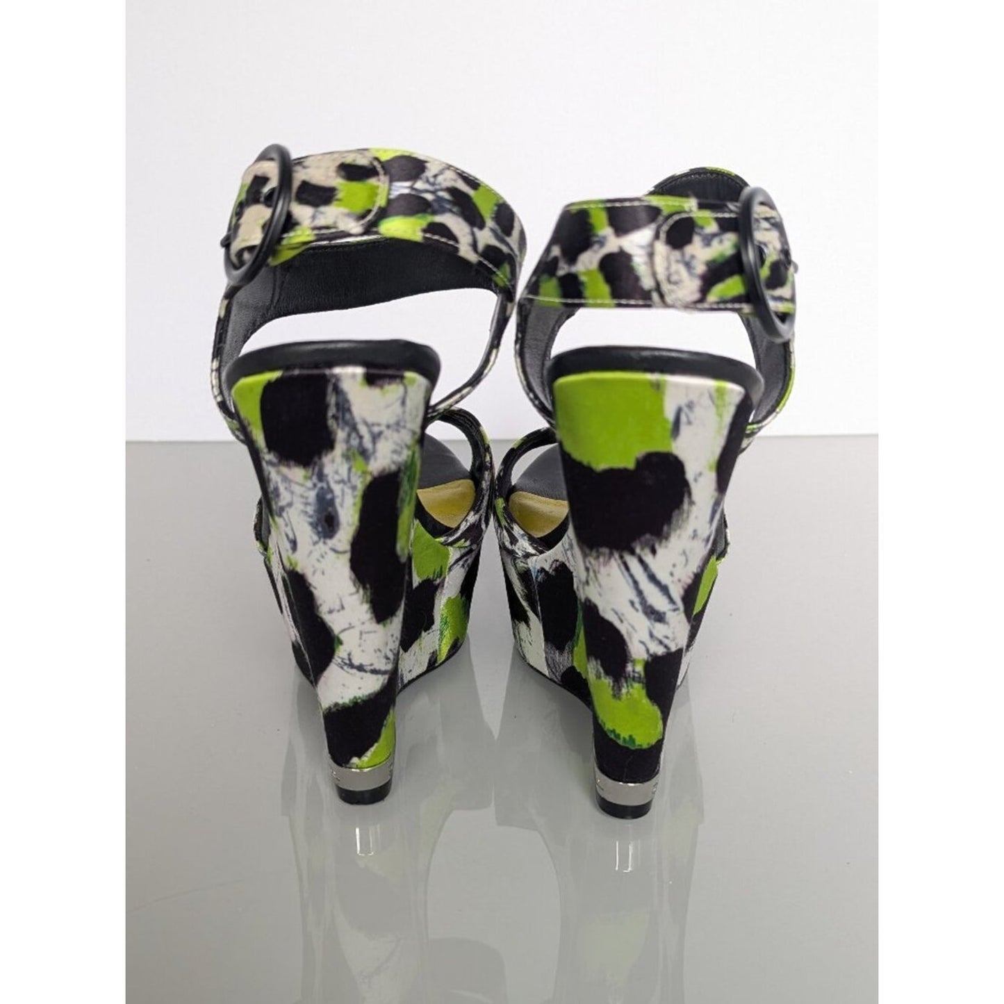 Just Cavalli Y2K Neon Black White Animal Print Open Toe Wedge Heels Size 38