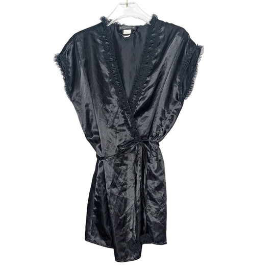 Cinema Etoile Seductive Wear Vintage Black Mini Robe Ruffle Trim Pom Pom Tie