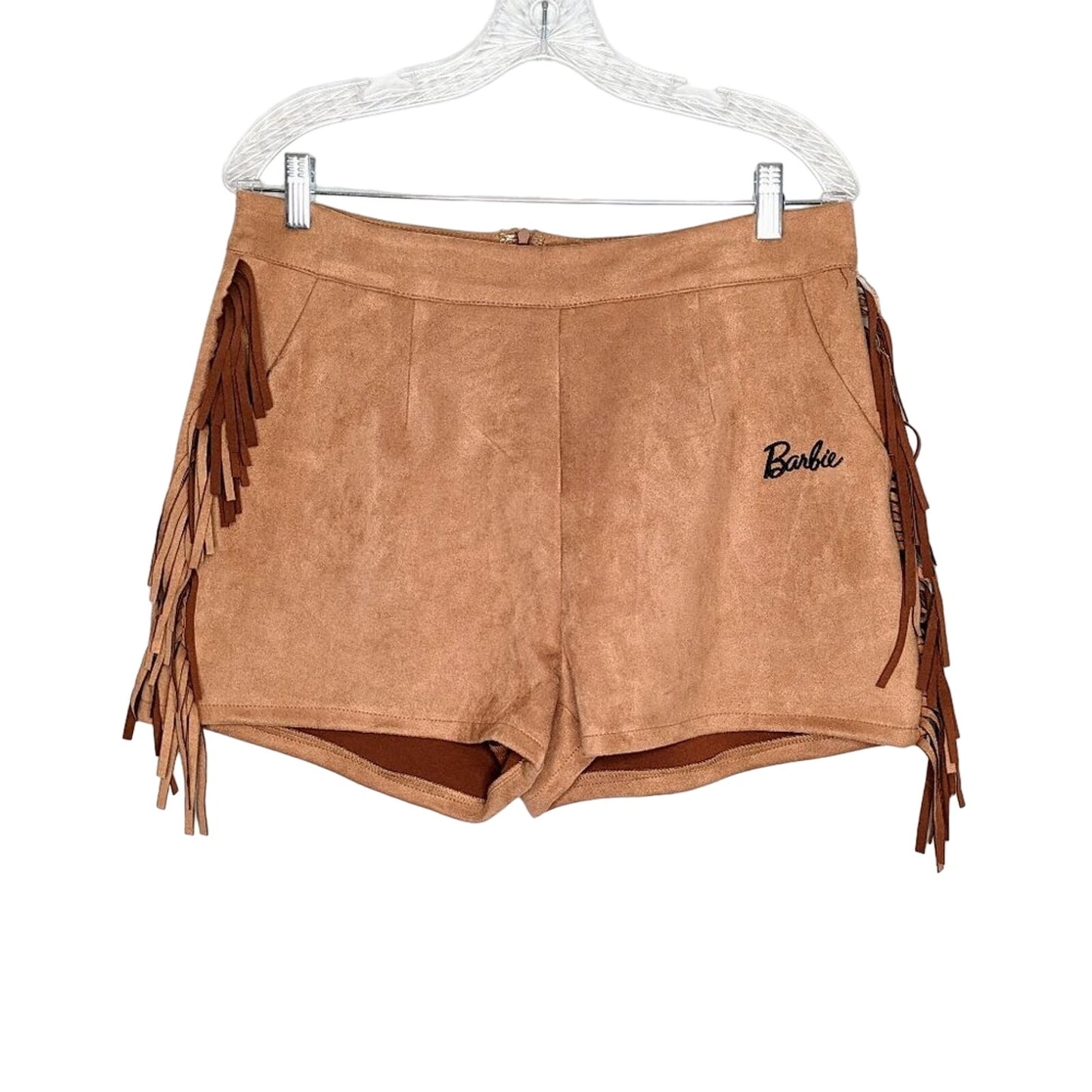 Barbie x Missguided Tan Fringe Faux Suede Shorts Western Embroidered Size 10