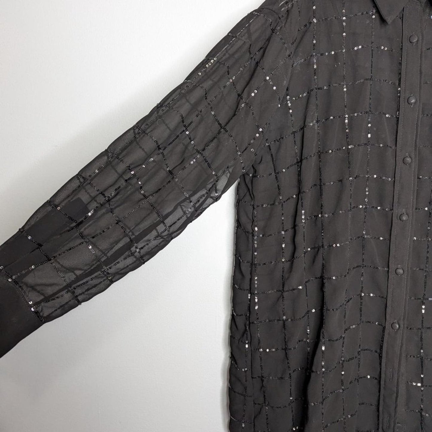 Anthropologie Rinku Dalamal Black Sequin Shirt Dress Long Sleeve Sheer Button Up