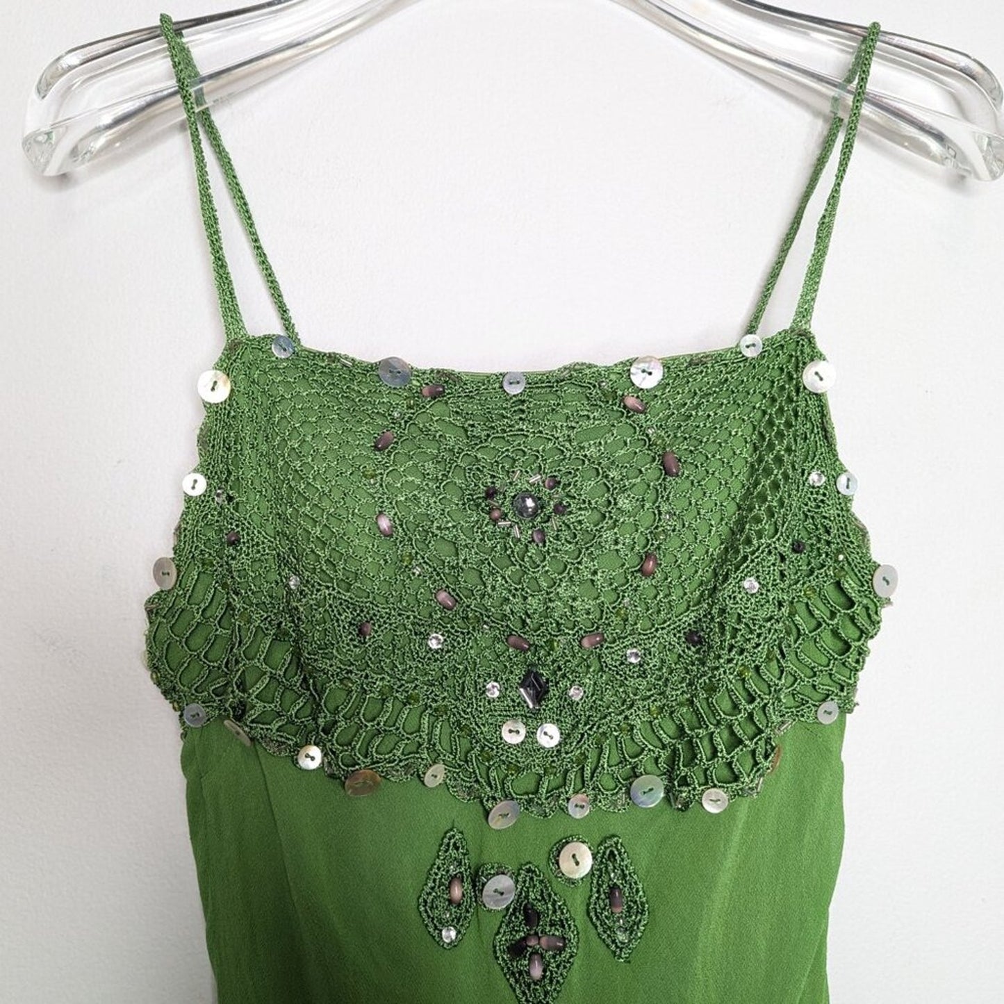 Sue Wong Vintage Green Silk Midi Dress Y2K Crochet Fringe Beaded Sleeveless 6