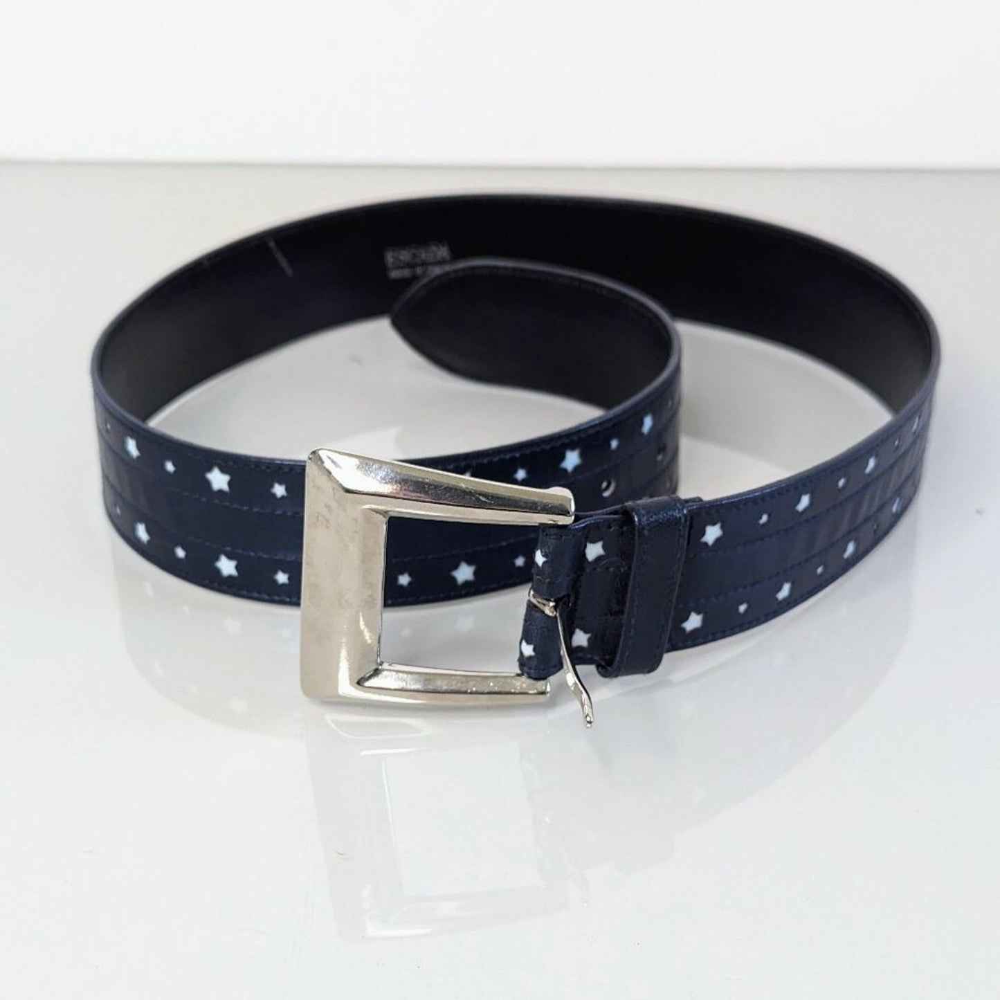 Escada Vintage Navy Blue Leather Belt White Star Pattern Silver Buckle Signed 40