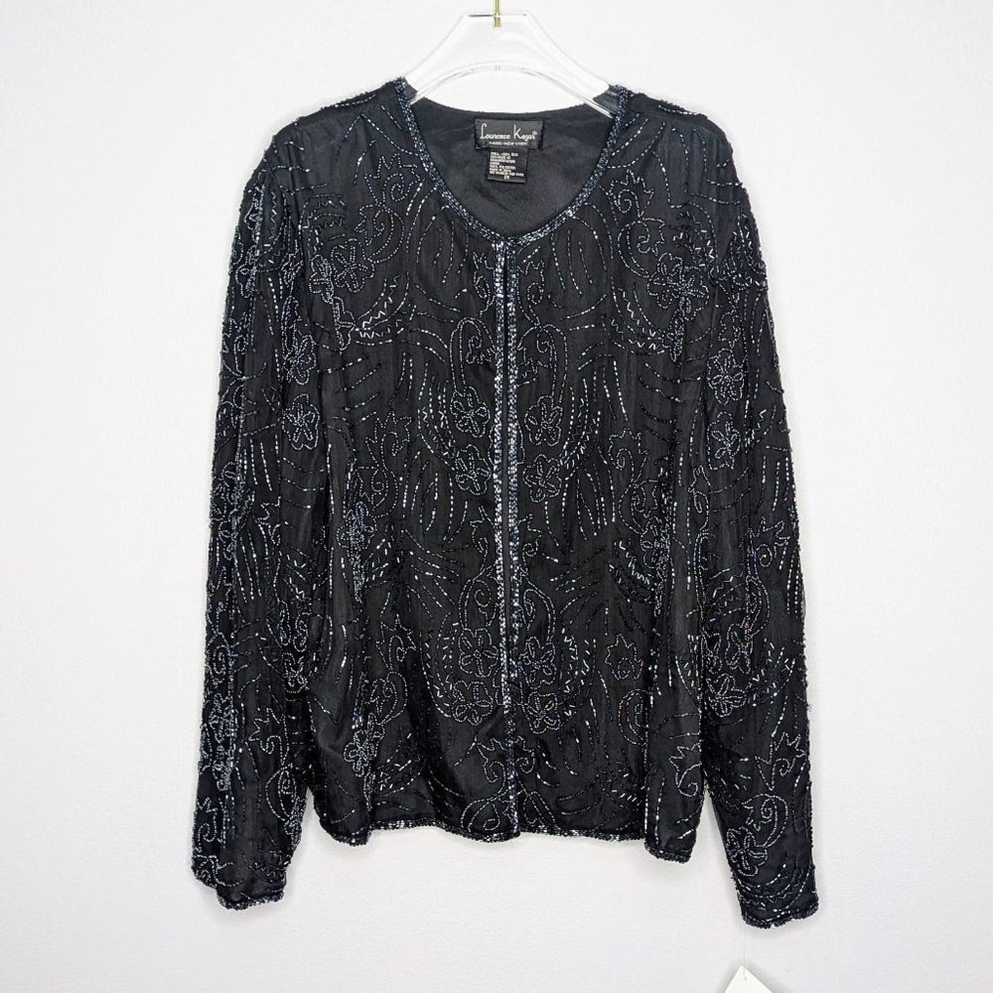 Vintage Laurence Kazar Black Beaded Evening Jacket Long Sleeve Silk Deadstock