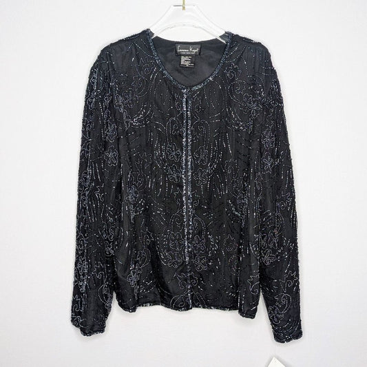 Vintage Laurence Kazar Black Beaded Evening Jacket Long Sleeve Silk Deadstock