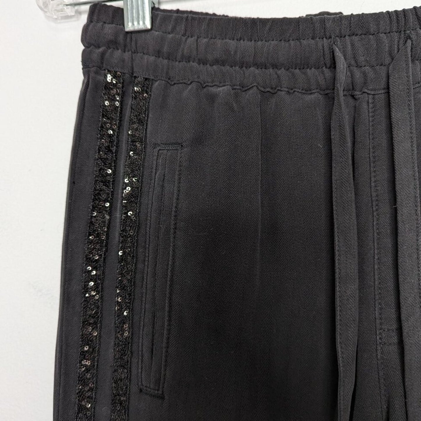 Da-Nang Black Relaxed Fit Silk Pants Sequin Trim Drawstring Waist Split Hem XS