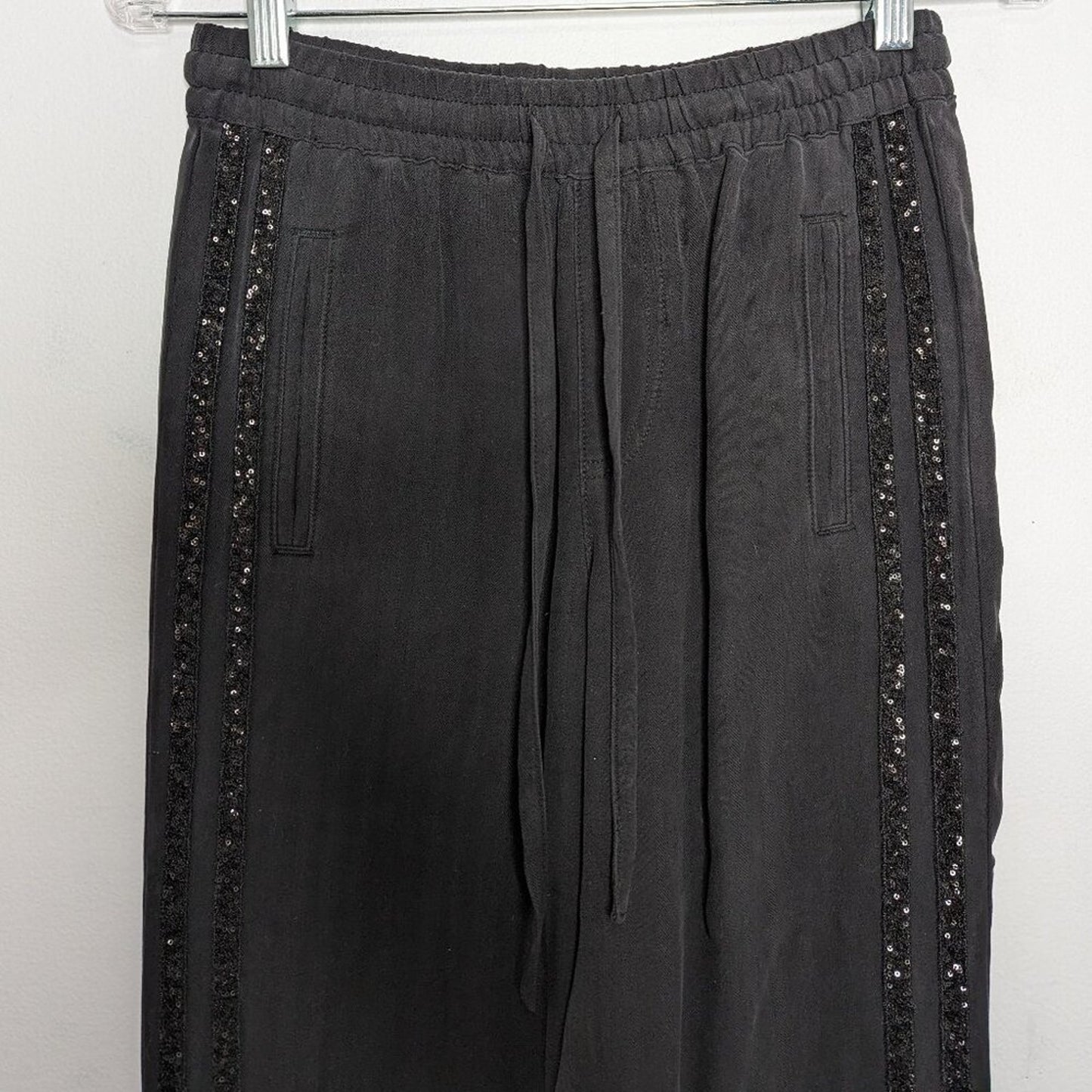 Da-Nang Black Relaxed Fit Silk Pants Sequin Trim Drawstring Waist Split Hem XS