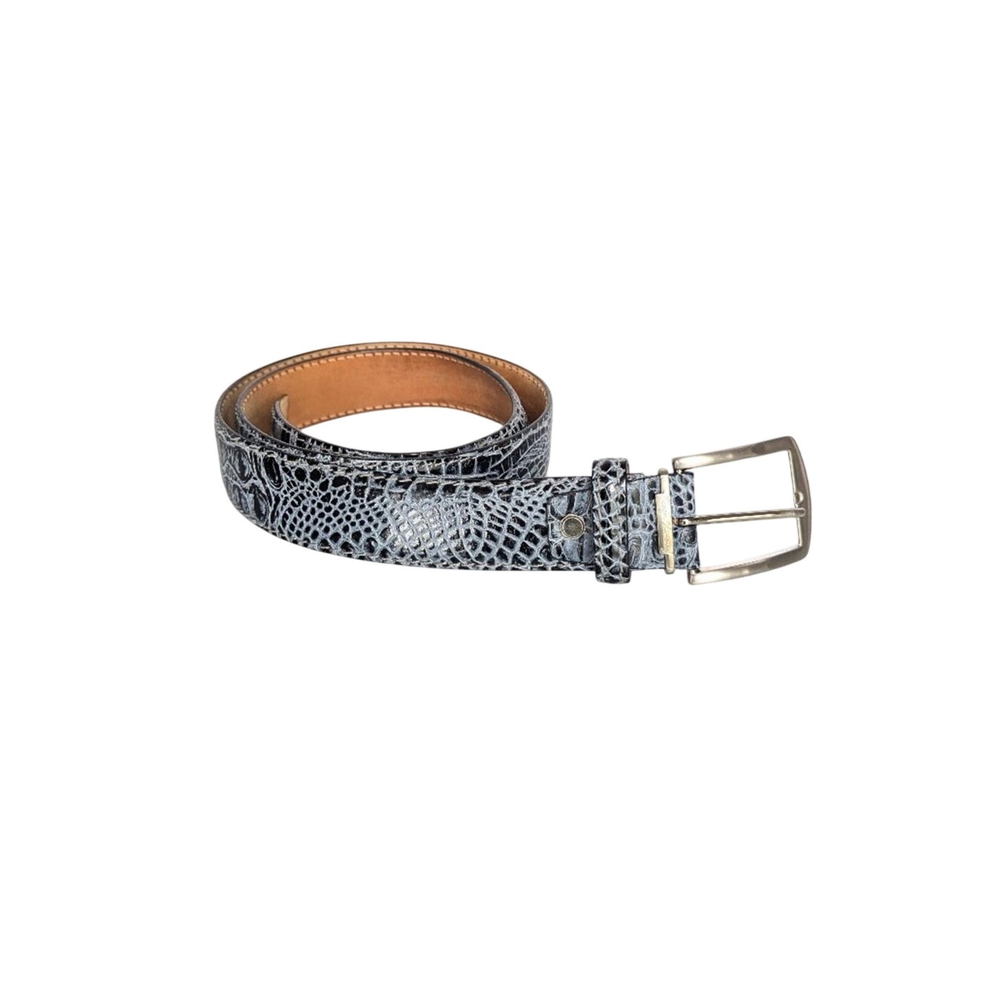 Roger Ximenez Black Shadow Mock Croc Embossed Italian Leather Belt Brass Buckle
