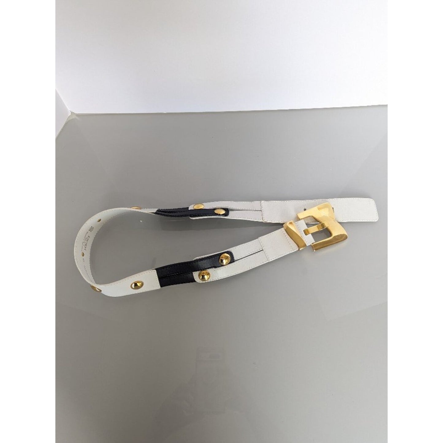 Escada Vintage Black And White Leather Belt Gold Tone Round Studs