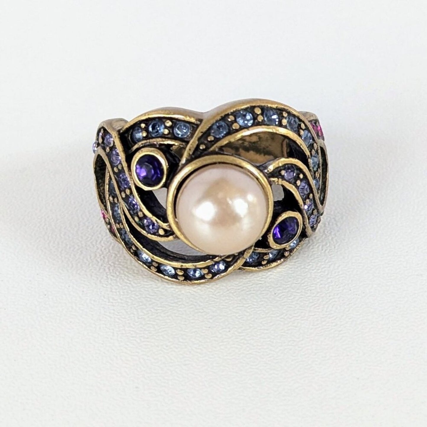 Vintage Heidi Daus Faux Pearl Amethyst Crystal Cocktail Ring Size 7
