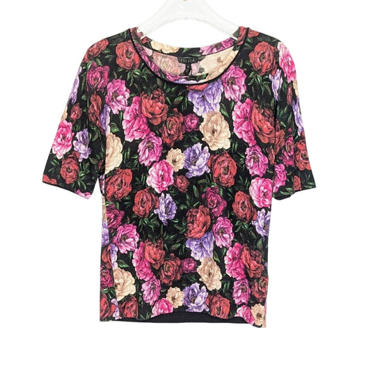 Escada Pink Floral Rose Print Short Sleeve Knit Top Wool Silk NWT Size M