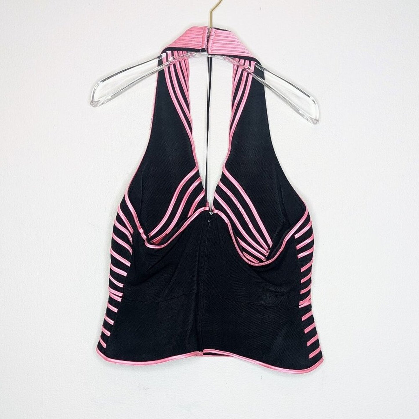 JS Collections Vintage Y2K Black And Hot Pink Halter Tank Top Striped V-Neck 14