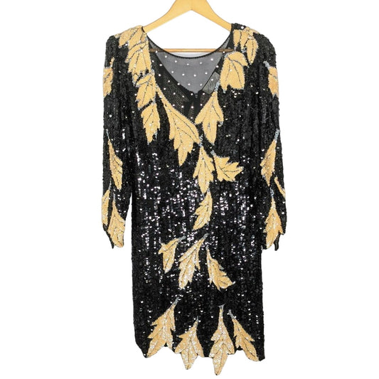 Lord & Taylor Vintage Black Sequin Beaded Dress Long Sleeve Leaf Pattern Mesh 80's