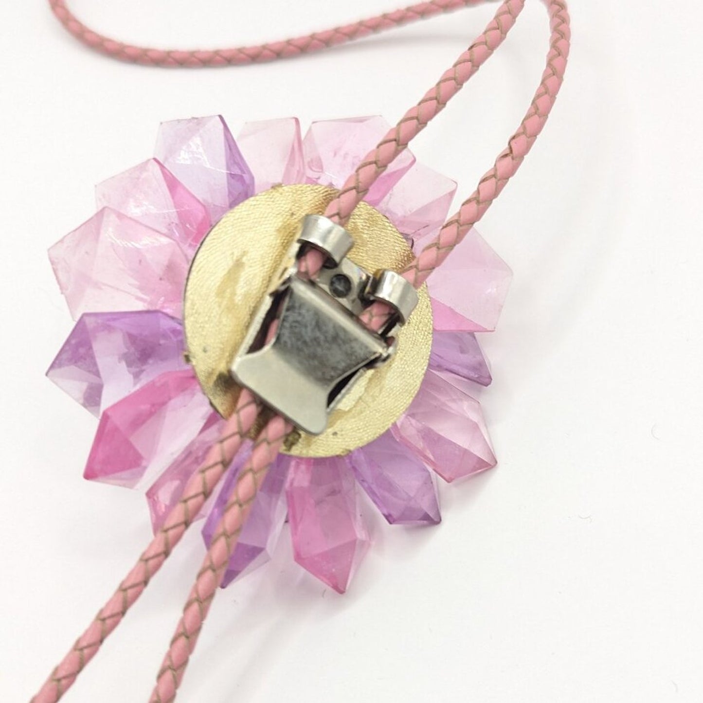 Repurposed Handmade Pink Purple Lucite Star Bolo Neck Tie Quartz Crystal Accent