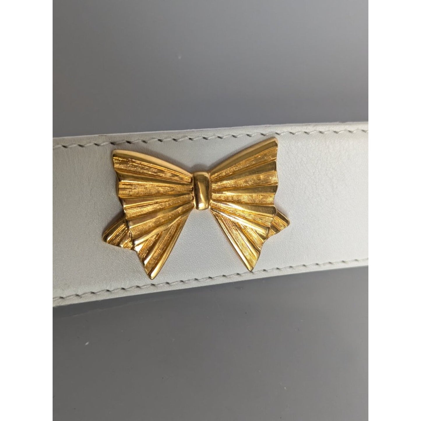 Escada Vintage White Leather Belt Gold Tone Bow Studs Bow Belt Buckle