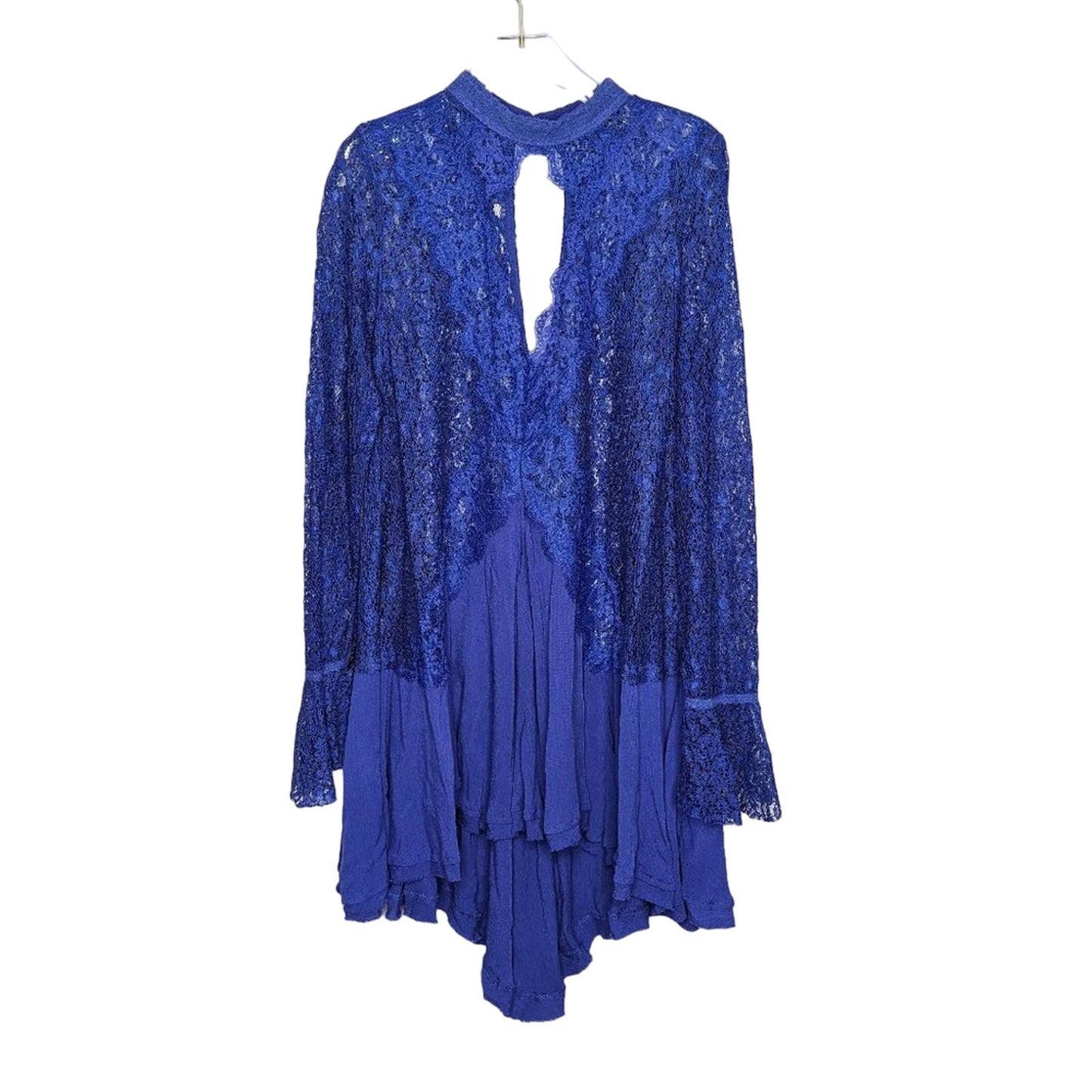 Free People Blue Tell Tale Tunic Dress Long Sleeve Sheer Lace Cutouts High Neck