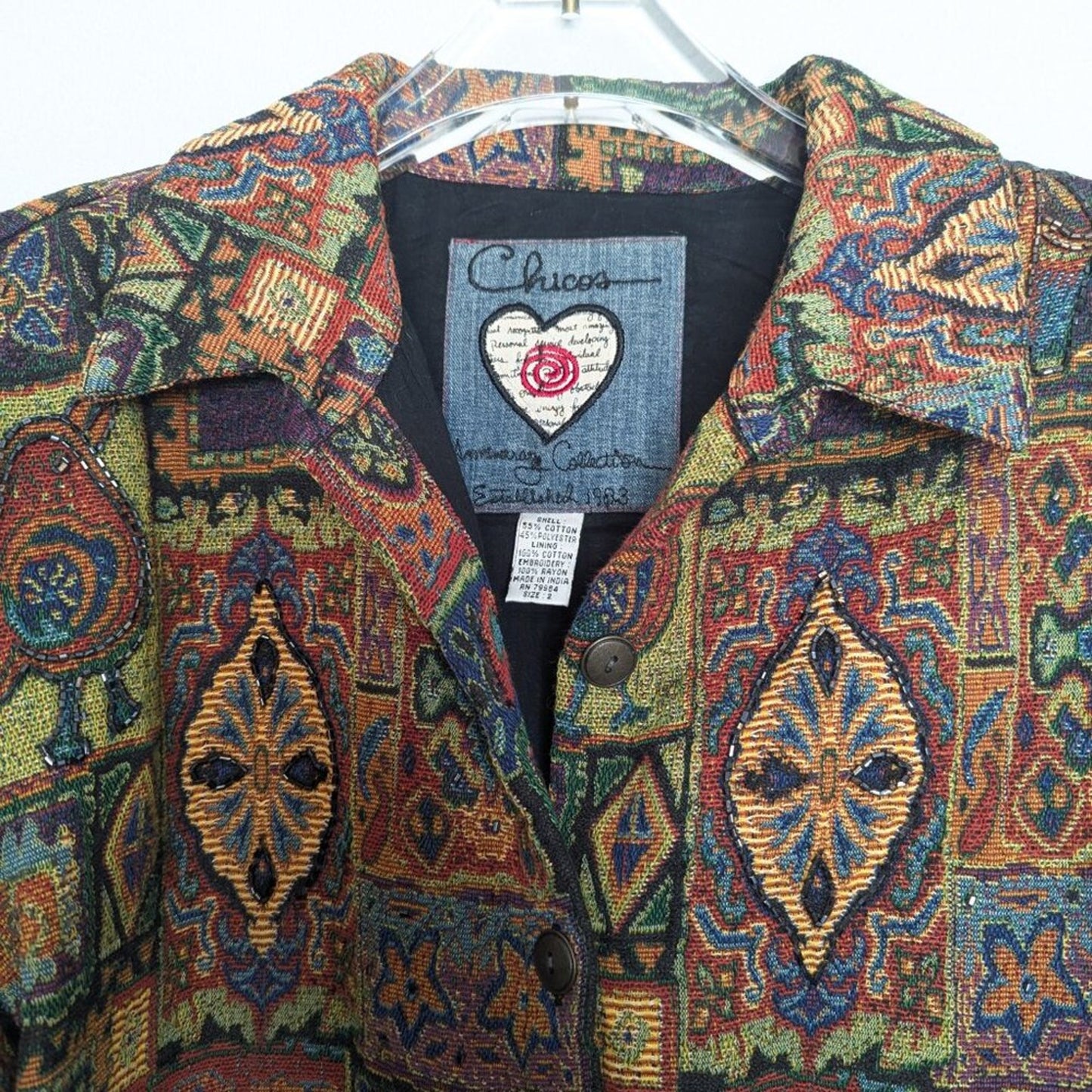 Chico's Vintage Anniversary Collection Beaded Tapestry Jacket Animals Hearts