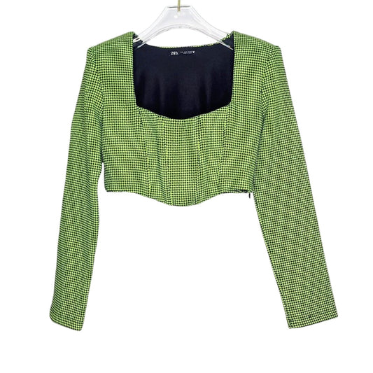 Zara Lime Green Black Mini Houndstooth Crop Top Long Sleeve Square Neck Size M