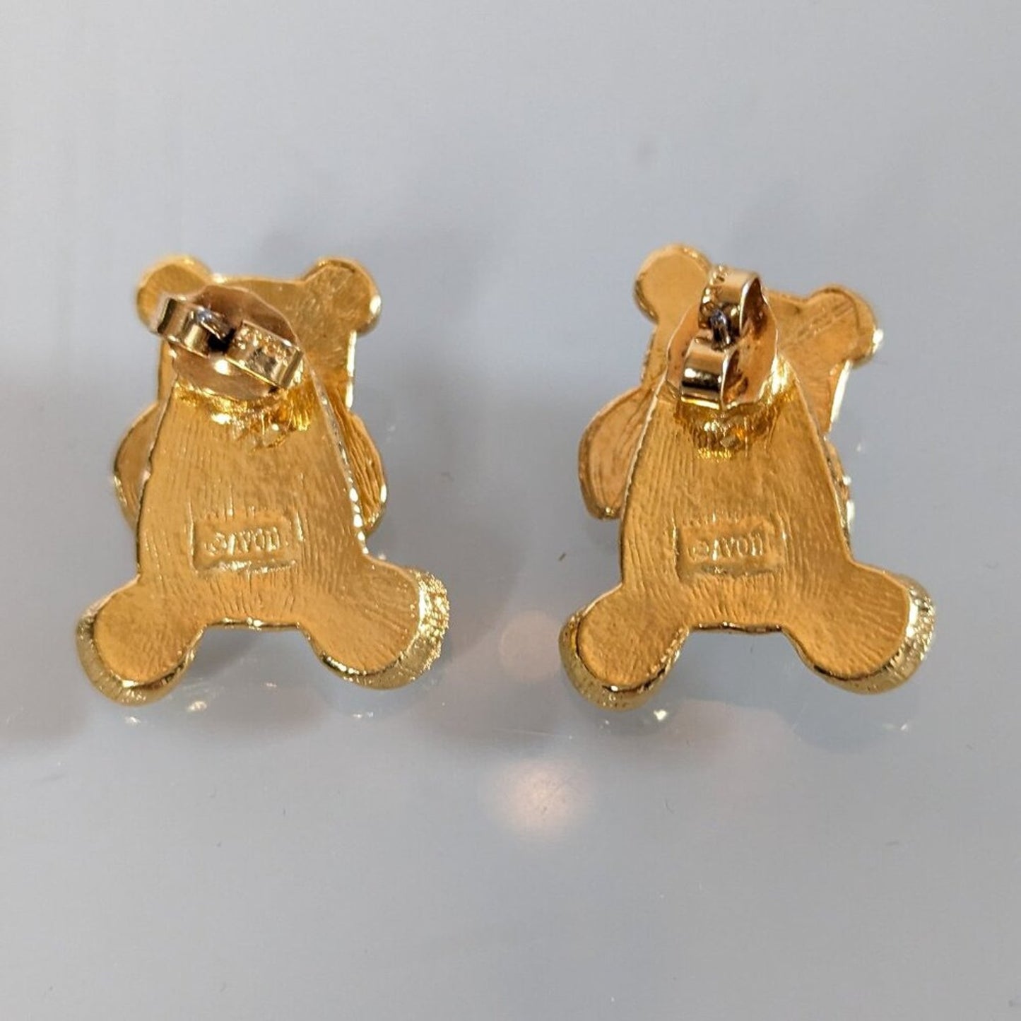 Vintage Avon Gold Tone Teddy Bear Ear Jacket Earrings Post Back Red Bow