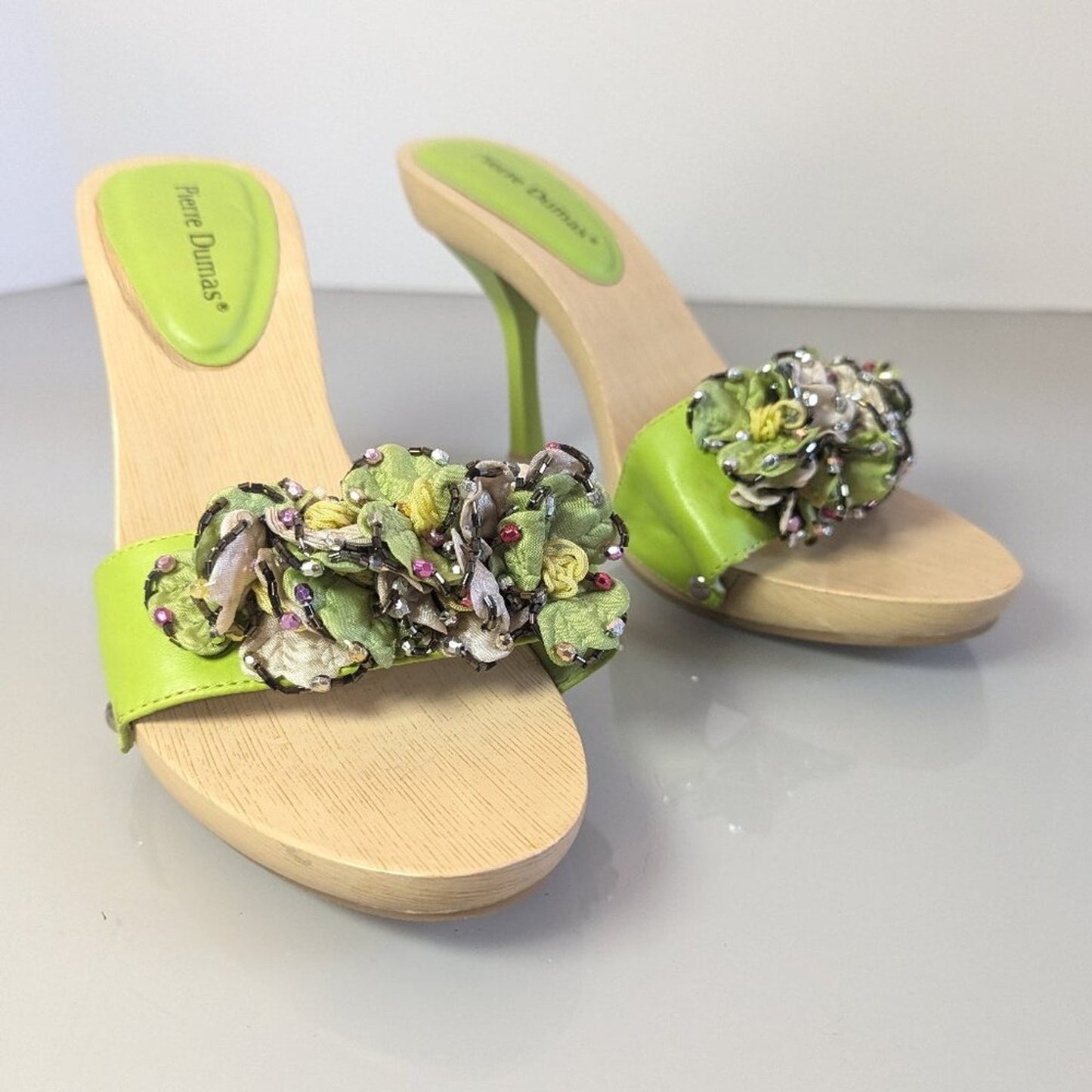 Pierre Dumas Vintage Y2K Lime Green Beaded Ruffle Sandals Slip On Heels Size 9