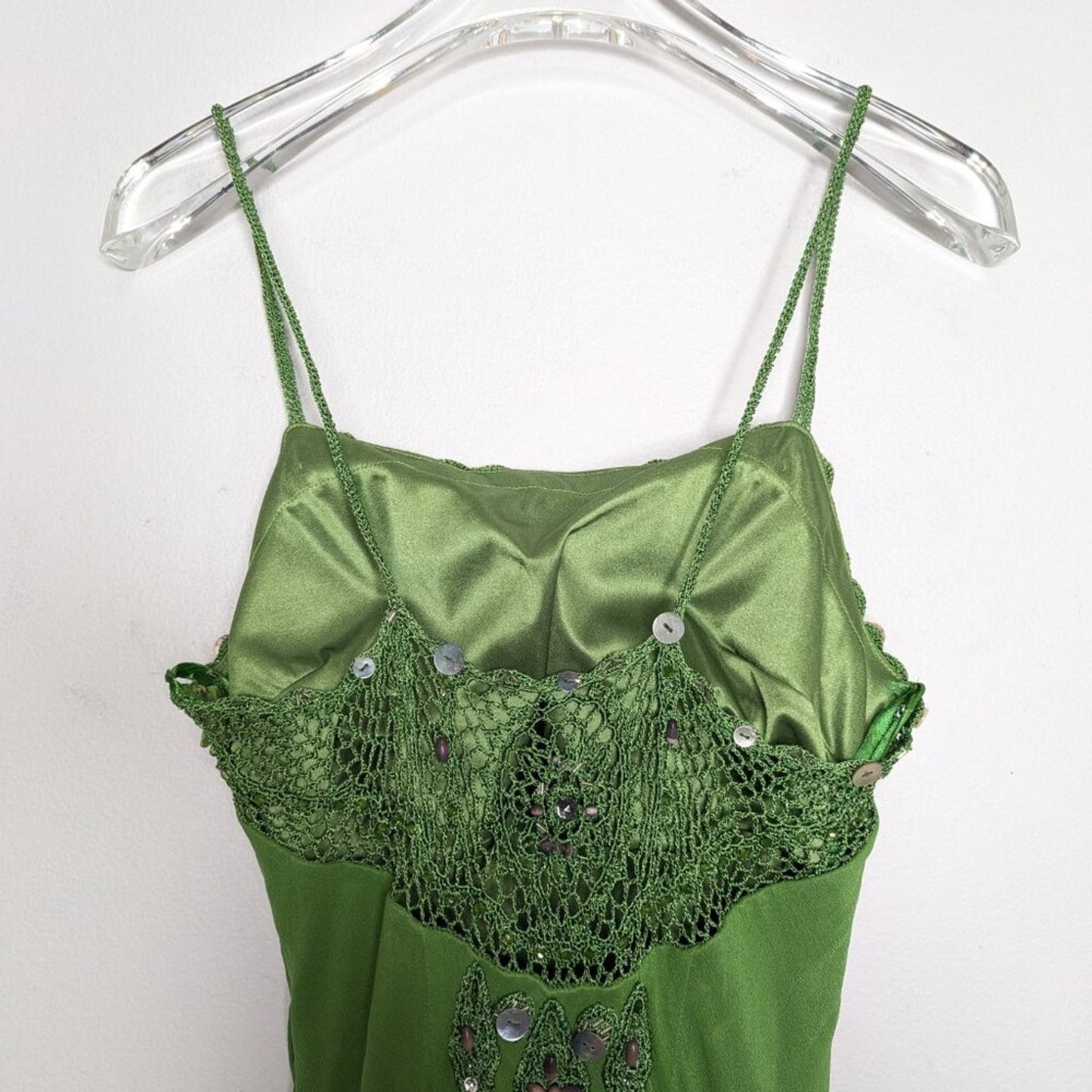 Sue Wong Vintage Green Silk Midi Dress Y2K Crochet Fringe Beaded Sleeveless 6