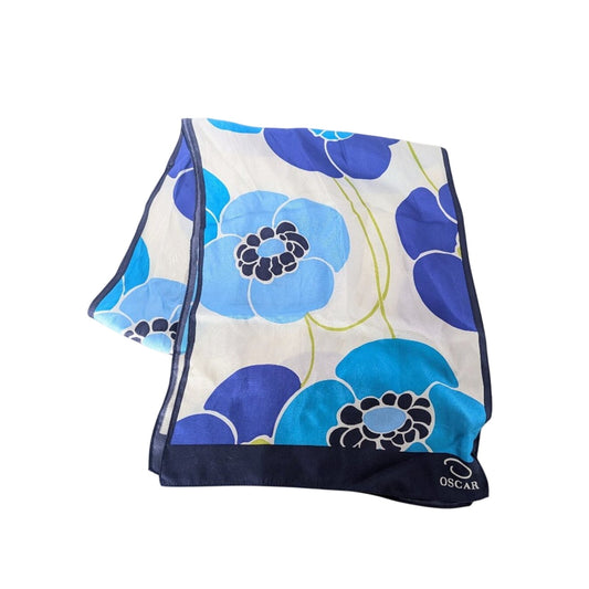 Oscar de la Renta Vintage Blue Floral Print Long Silk Scarf
