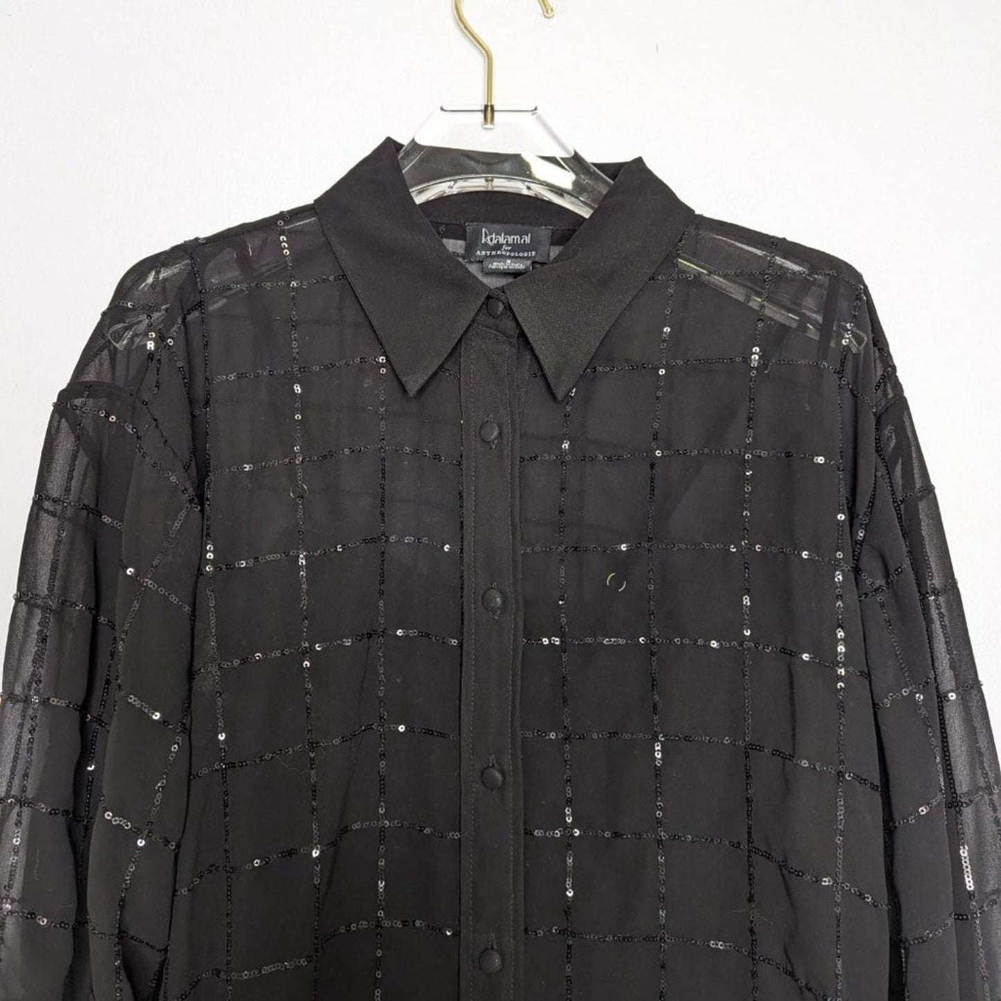 Anthropologie Rinku Dalamal Black Sequin Shirt Dress Long Sleeve Sheer Button Up