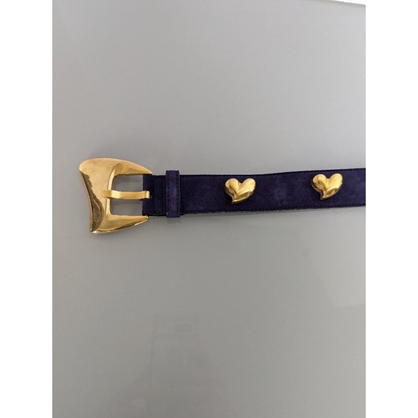 Escada Vintage Purple Suede Leather Belt Gold Tone Heart Studs 80s
