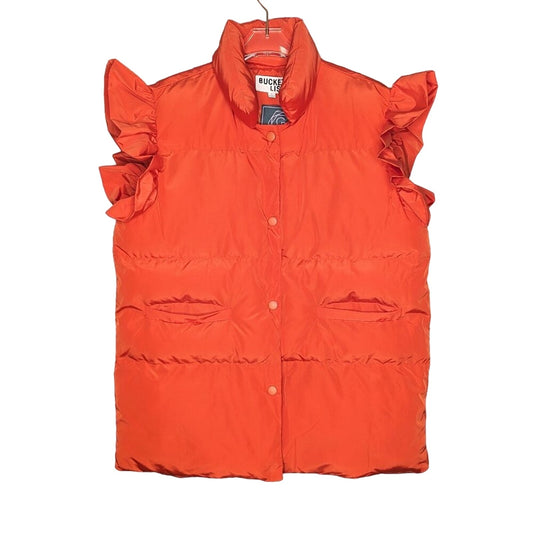 Bucket List Bright Orange Puffer Vest Ruffle Sleeve Pockets Snap Up High Collar