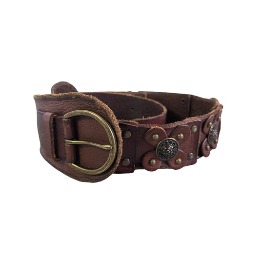 Bed Stu Brown Studded Belt Leather Flower Detail Embossed Metal Accents Size M